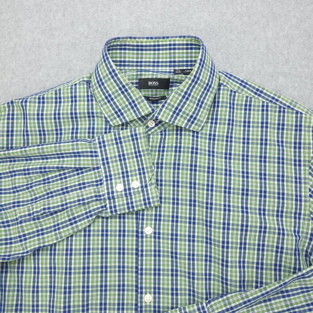 BOSS Hugo Boss Dress Shirt Men's Size 17.5 34-35‎ Green Blue Check Cotton